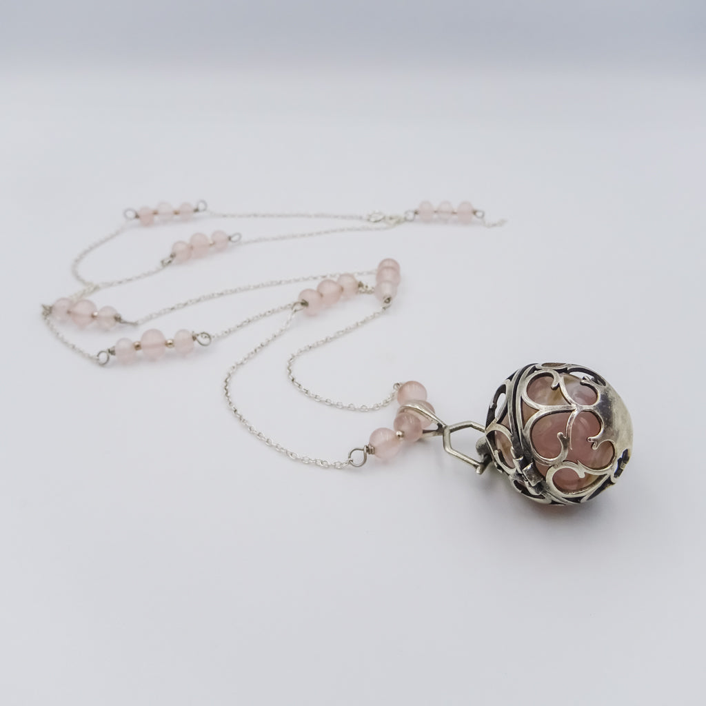 Silver Sphere Necklace Adorned with Pink Agate and Rose Quartz