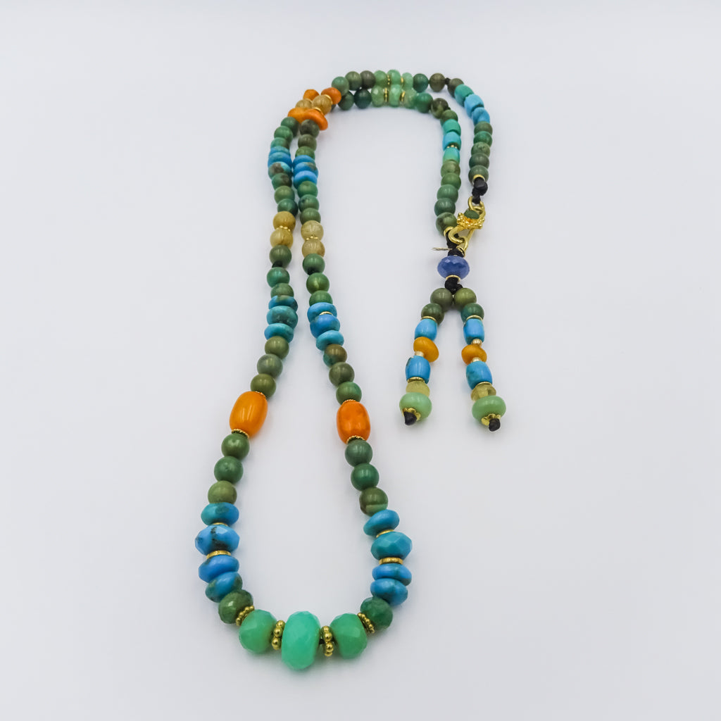 beaded necklace with 18k gold spacers,Chrisophrase,turquise,embar,rutile,sapphire and emerald