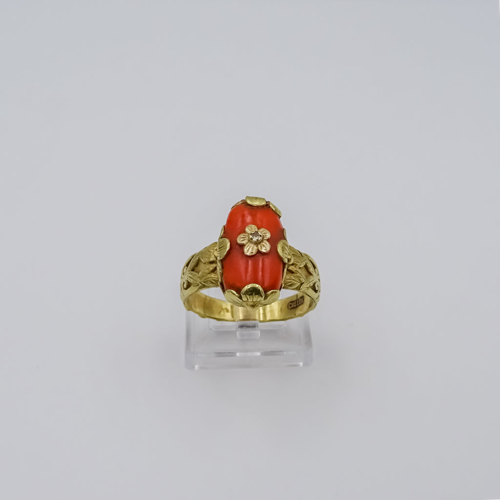 coral and diamond 18k gold ring