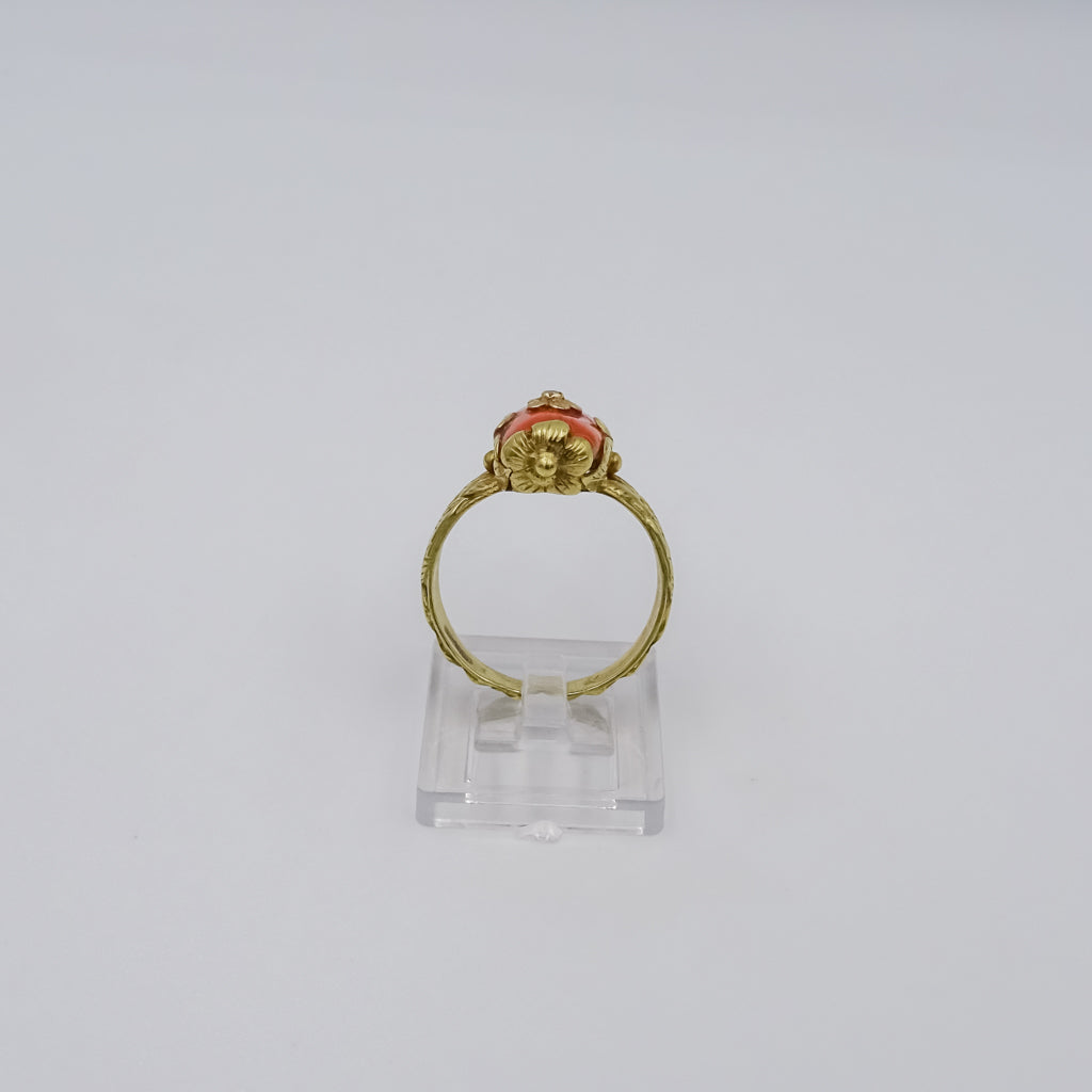 coral and diamond 18k gold ring