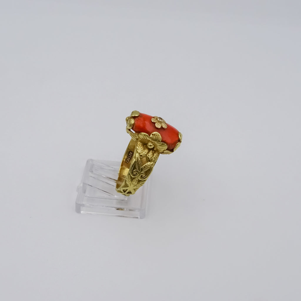 coral and diamond 18k gold ring