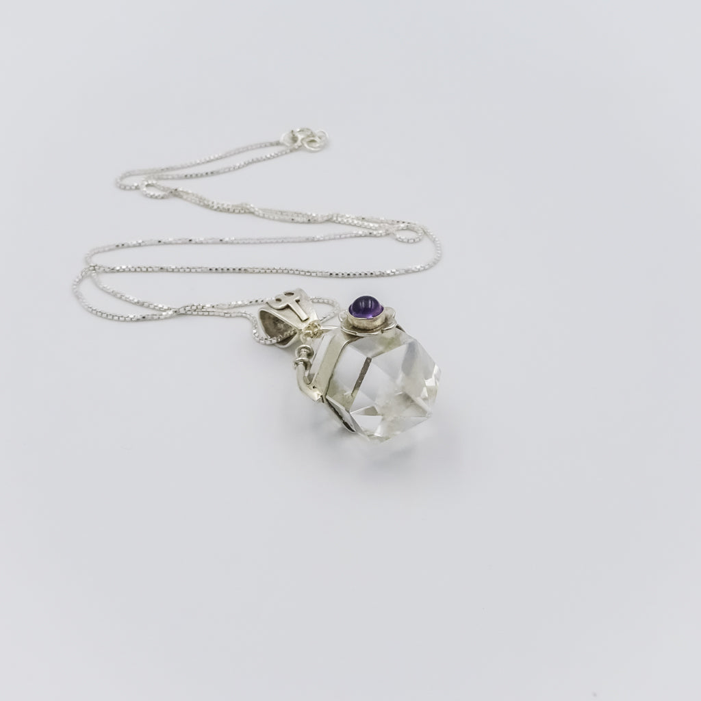 Crystal and Amethyst Pendulum Silver Pendant on a Silver Necklace