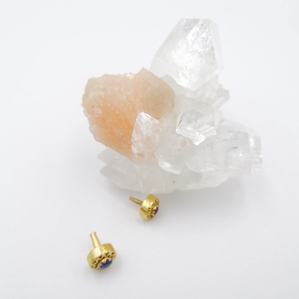 Single 18k gold stud earring with gemstones Double sided ,set with ruby and sapphire