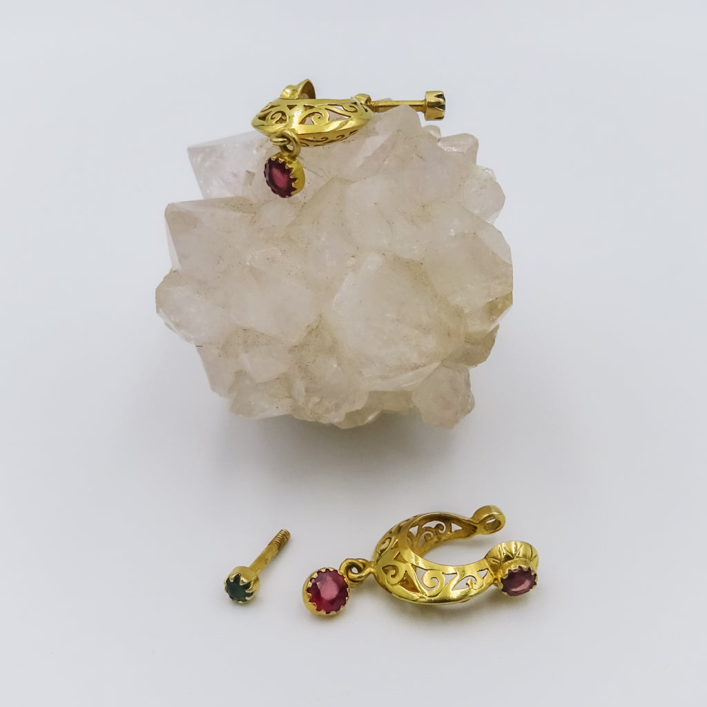 18K Gold Filigree Drop Earring with Ruby and Emerald