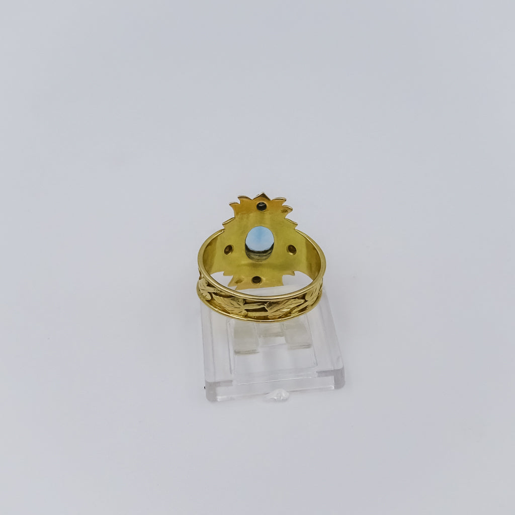 18k Gold Lotus Flower Ring with Blue Topaz and Multicolored Diamonds