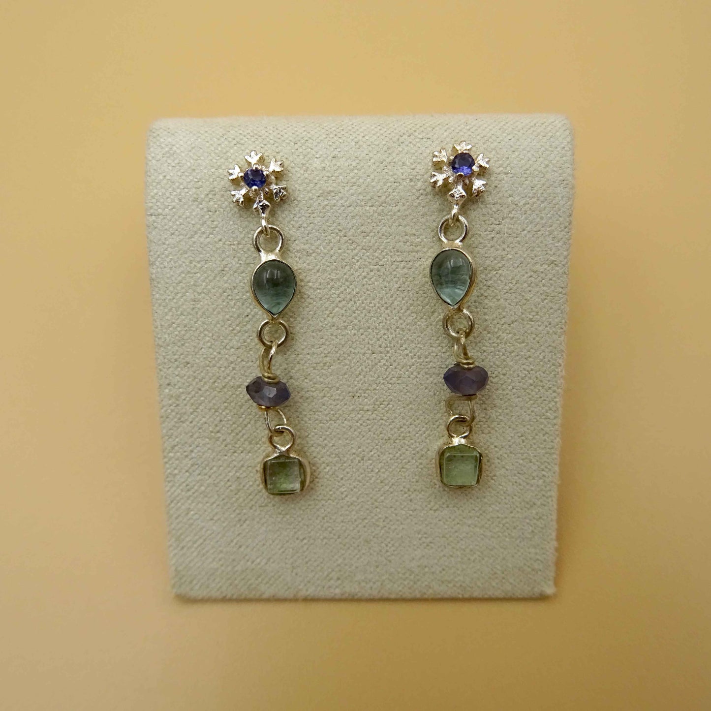Snowflake silver earring with gemstone iolite,blue topaz ,tourmaline
