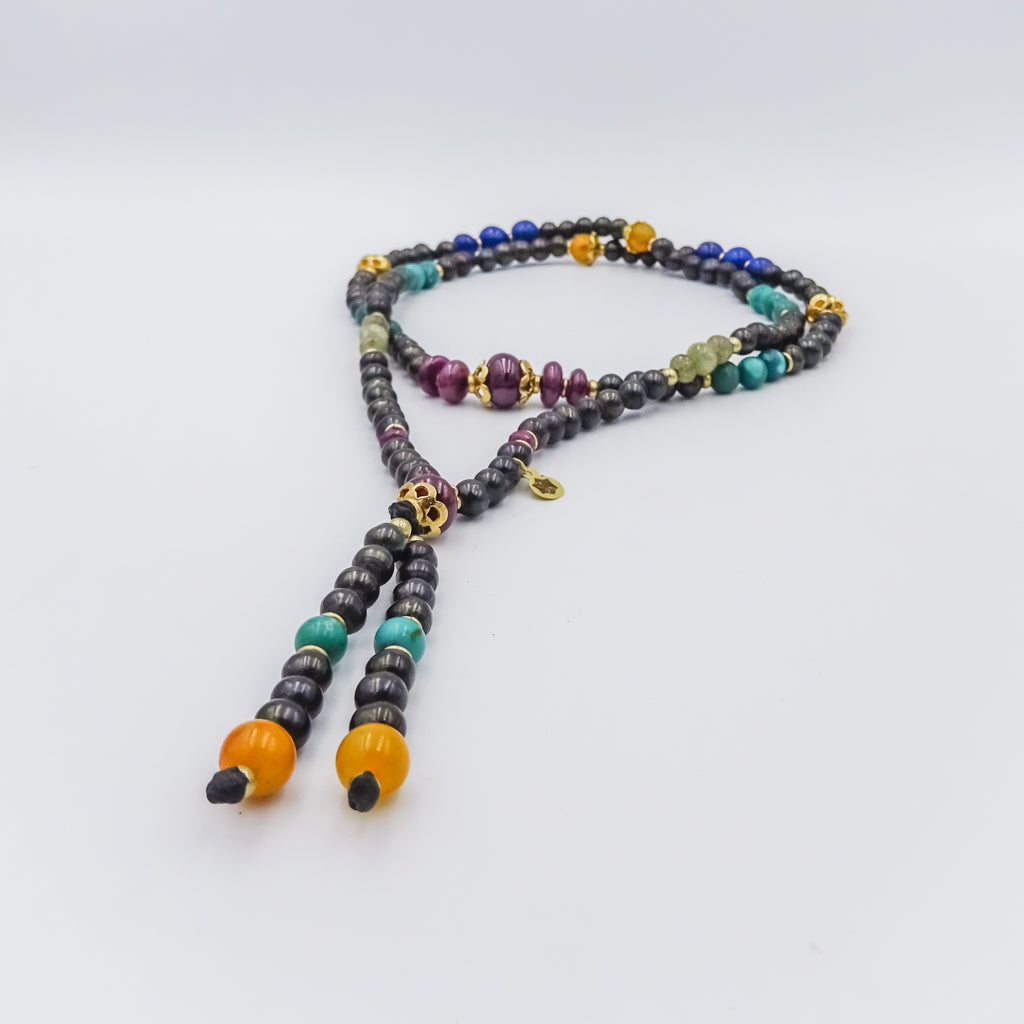 Black Pearl Mala Necklace with Amber, Lapis Lazuli, Turquoise, Emerald, and Ruby