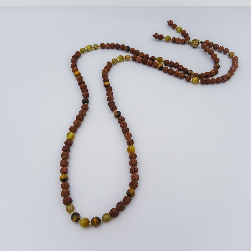 Rudraksha, Tiger Eye, Cat Eye, and Rutile Necklace with Brazilian Nut Beads and Gold-Filled Accents