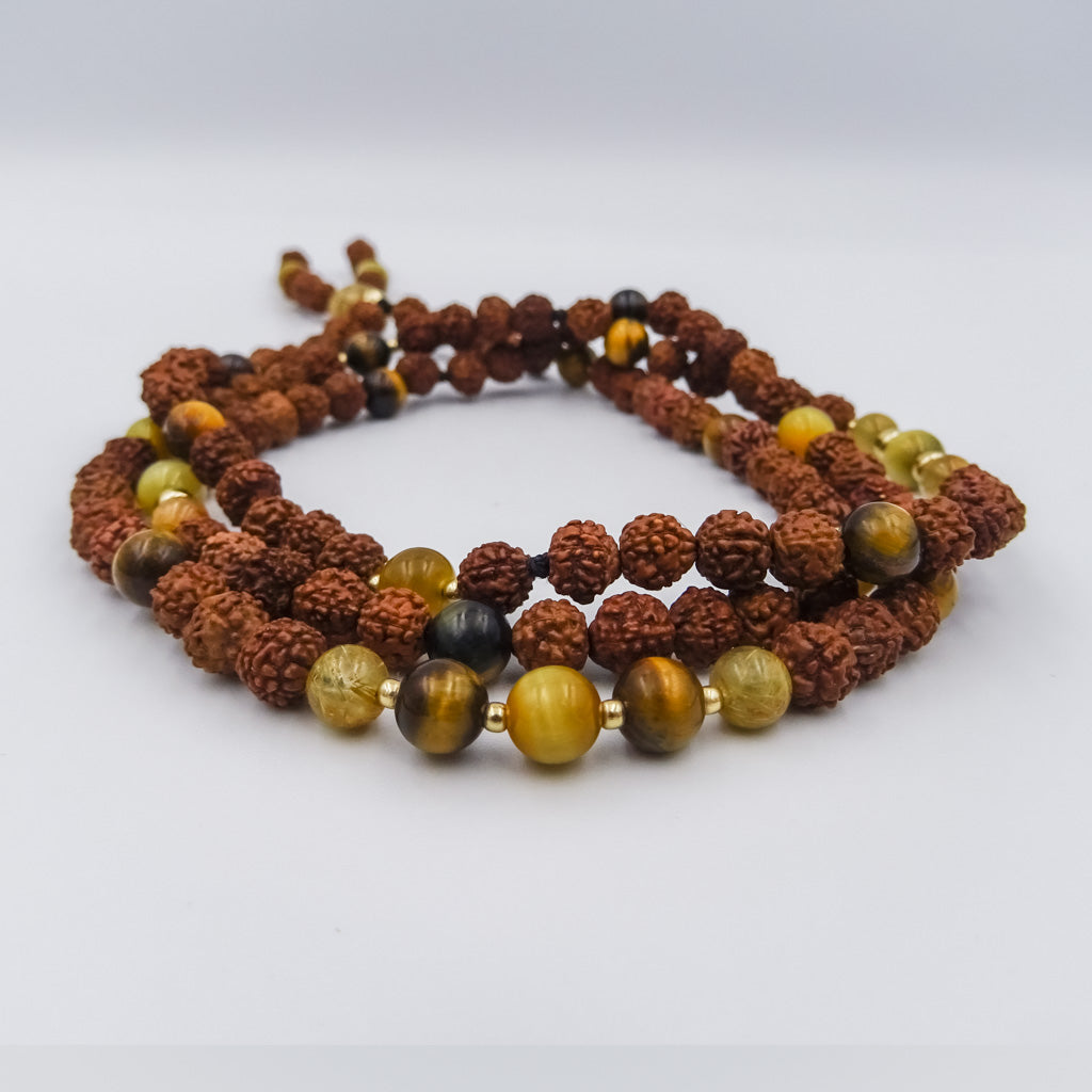 Rudraksha, Tiger Eye, Cat Eye, and Rutile Necklace with Brazilian Nut Beads and Gold-Filled Accents