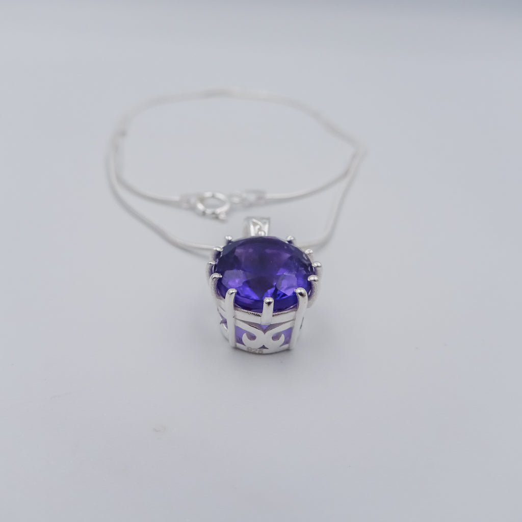 Silver Necklace with Amethyst Pendant with delicate curved accents