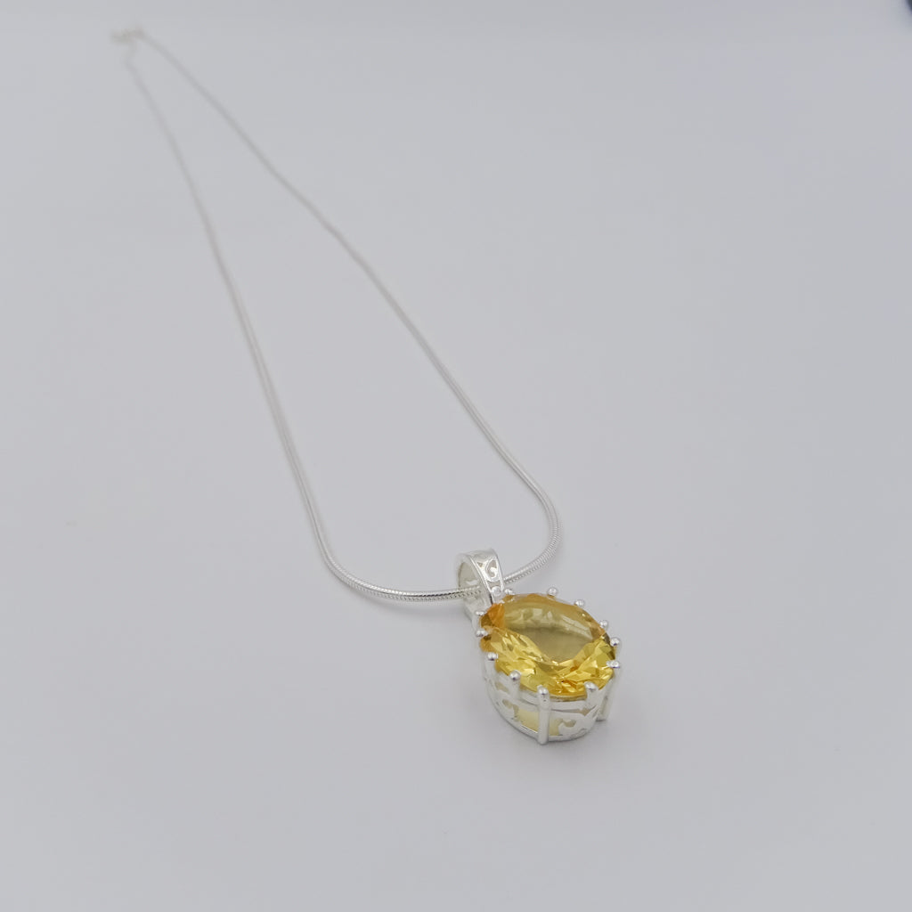 Silver Necklace with Citrine Pendant with delicate curved accents