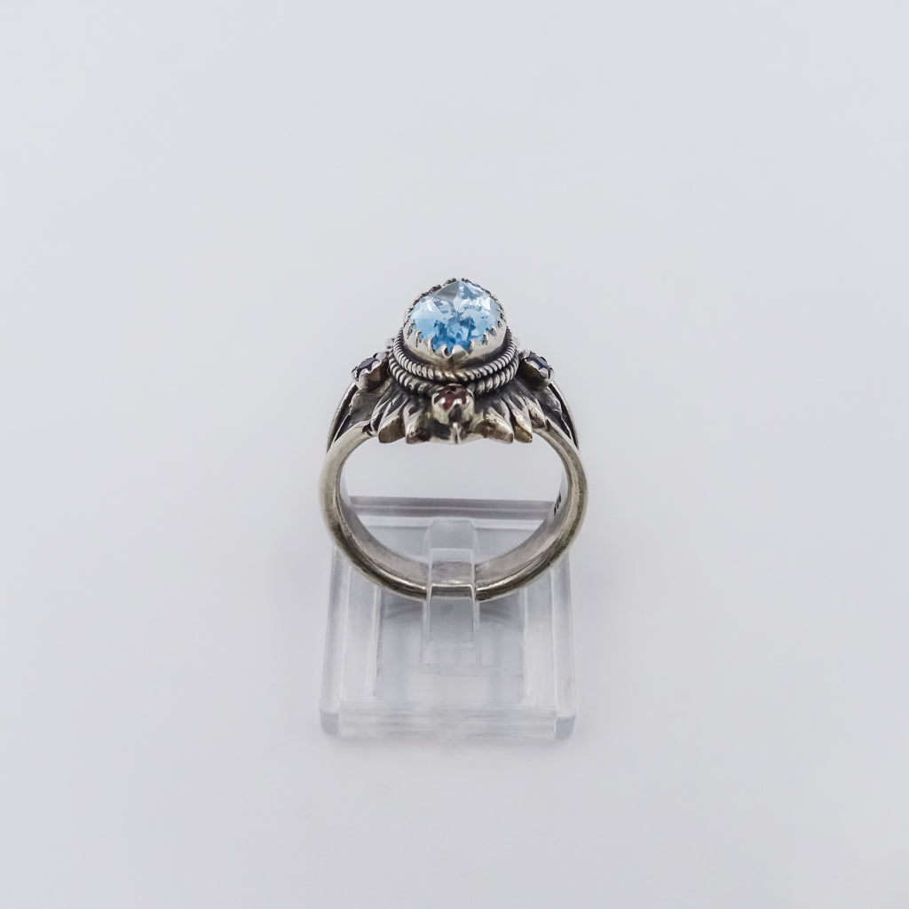 Lotus-Inspired Silver Ring with Blue Topaz, Tourmaline, and Sapphire Accents