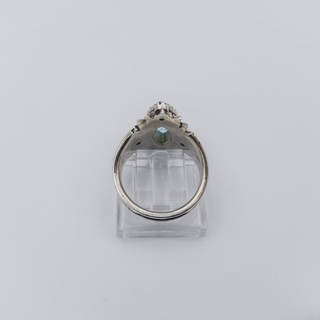 Lotus-Inspired Silver Ring with Blue Topaz, Tourmaline, and Sapphire Accents