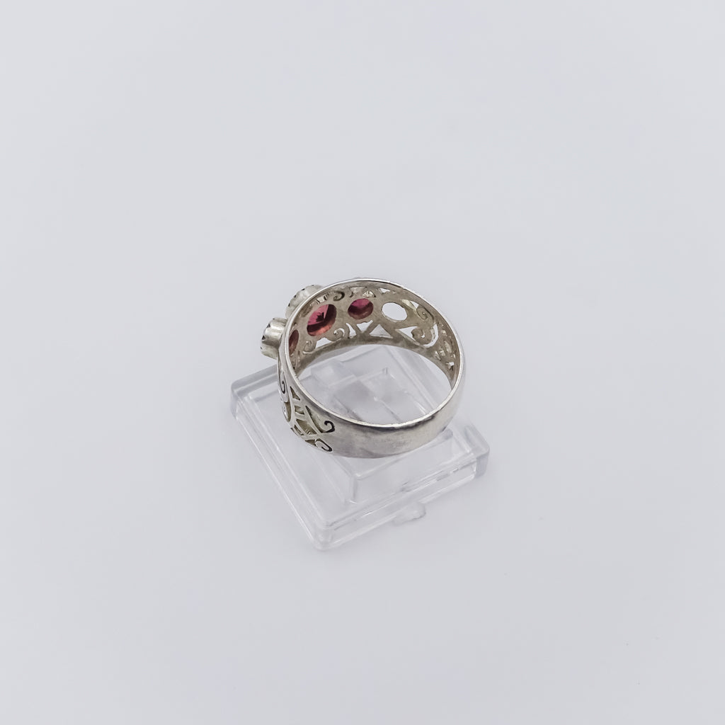 Intricately Carved Silver Ring with Pink Tourmaline Gemstones