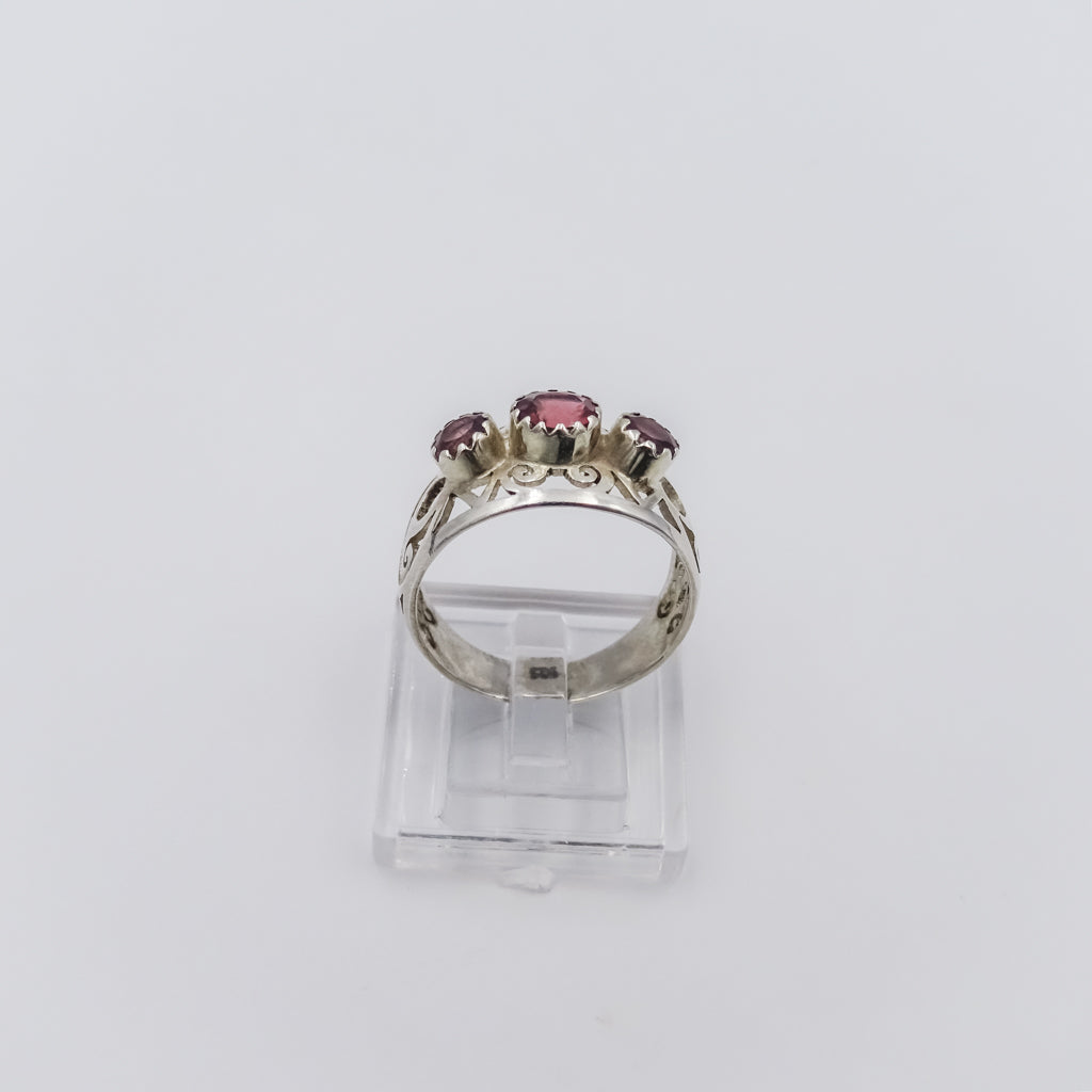 Intricately Carved Silver Ring with Pink Tourmaline Gemstones