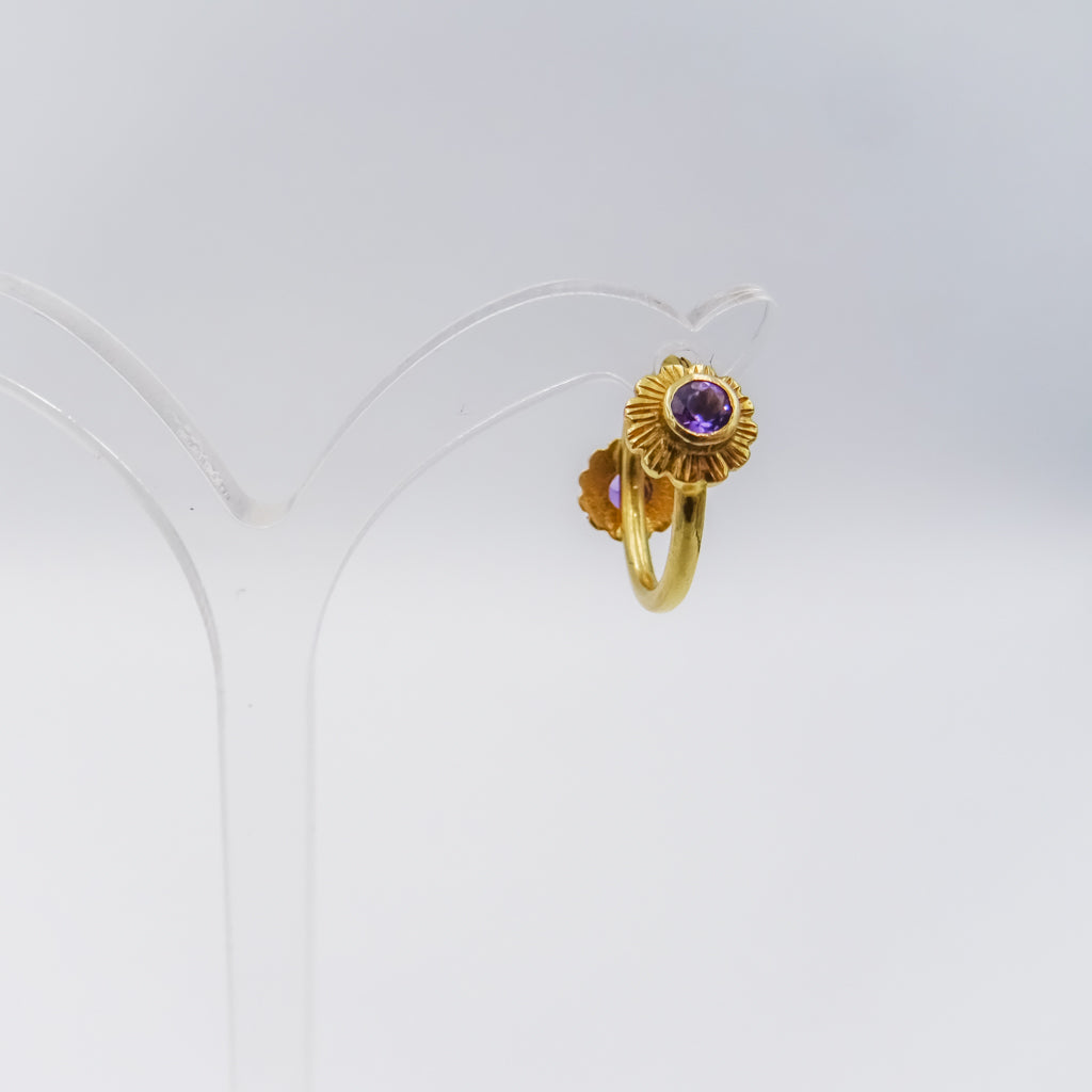 Double-Sided Floral Single Gold Amethyst Earring | Handmade Flower Design | Healing Crystal Jewelry