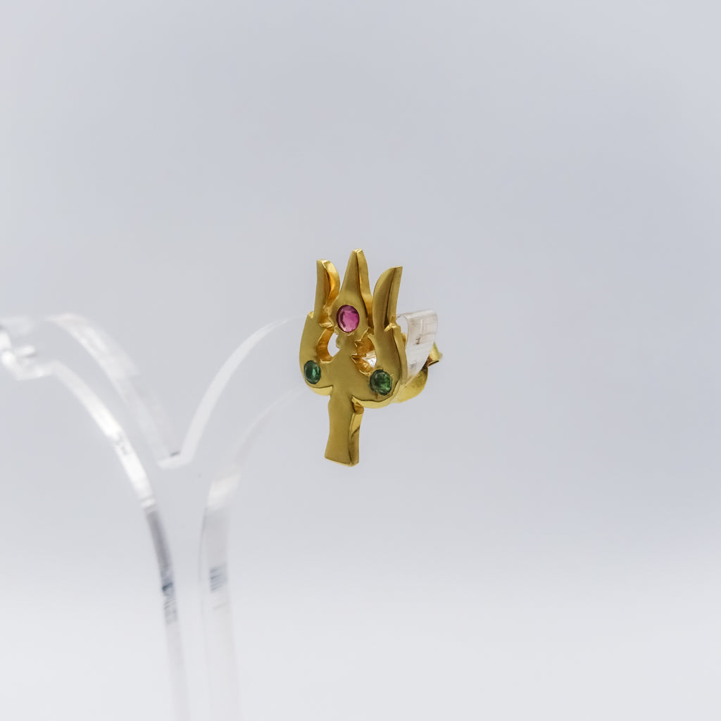 Trishul-Inspired 18k Gold Stud Earring with Ruby & Emerald Accents