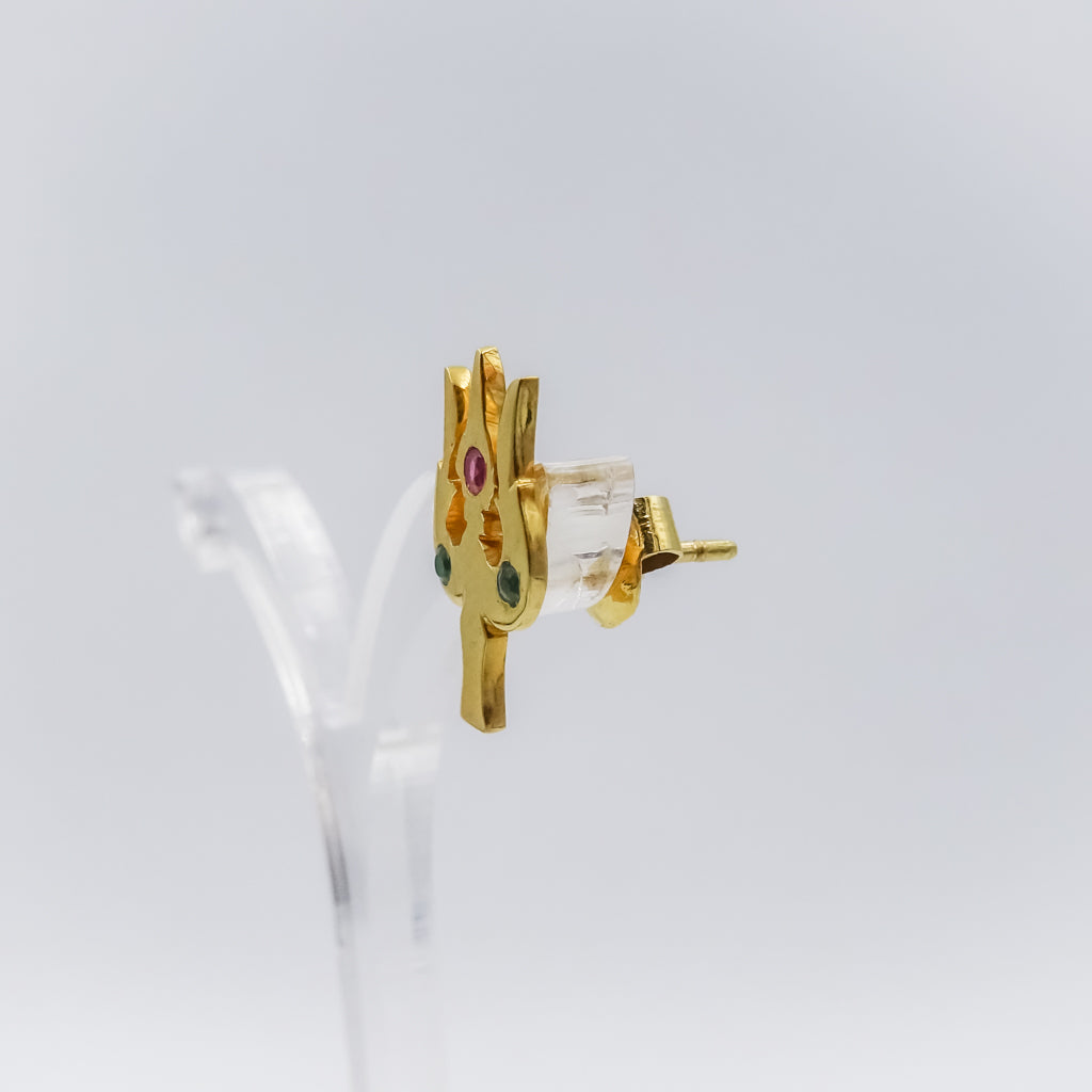 Trishul-Inspired 18k Gold Stud Earring with Ruby & Emerald Accents