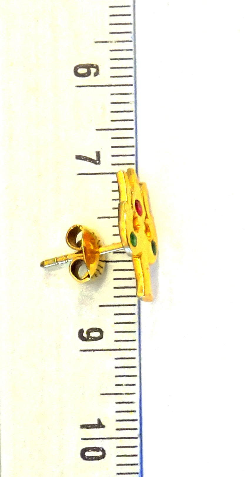 18K Gold Trishul Stud Earring with Pink Ruby and Emerald Gemstones