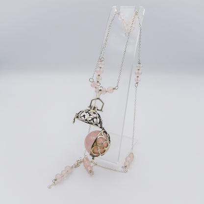 Silver Sphere Necklace Adorned with Pink Agate and Rose Quartz