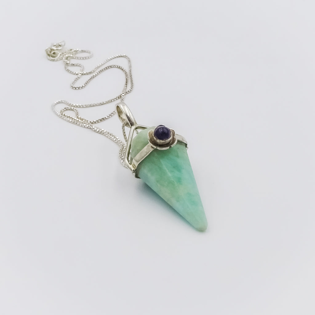 Amazonite and Amethyst Pendulum Silver Pendant on a Silver Necklace