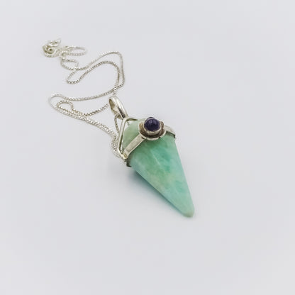 Amazonite and Amethyst Pendulum Silver Pendant on a Silver Necklace