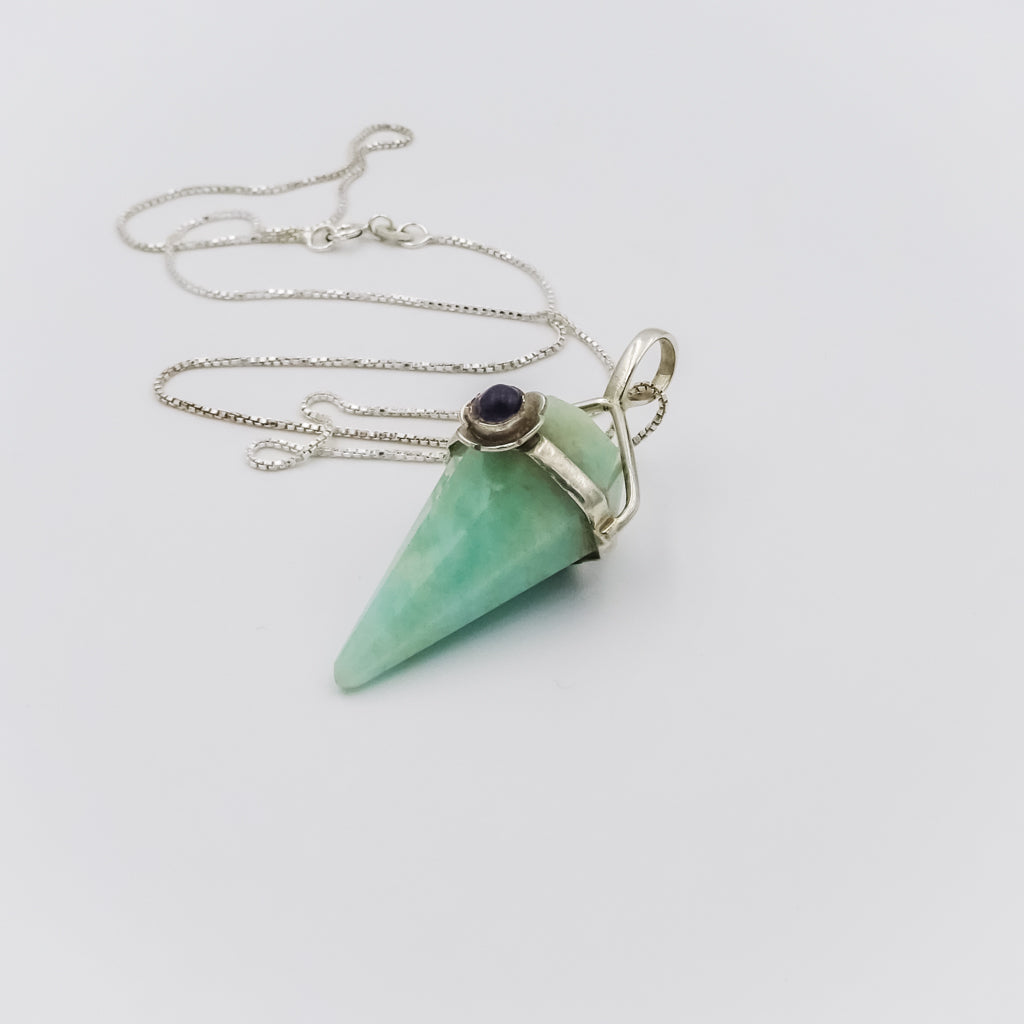 Amazonite and Amethyst Pendulum Silver Pendant on a Silver Necklace