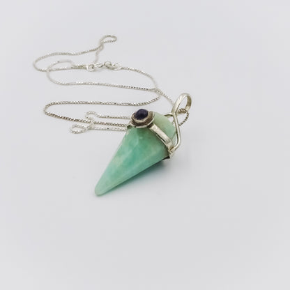 Amazonite and Amethyst Pendulum Silver Pendant on a Silver Necklace