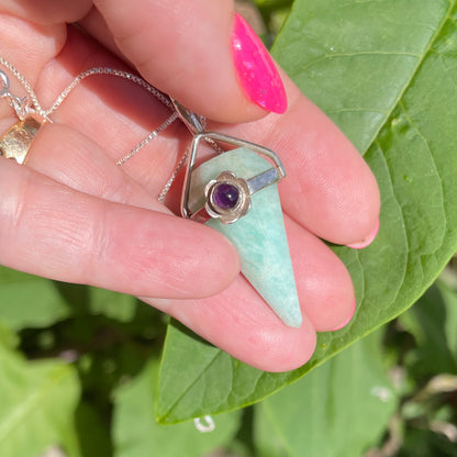 Amazonite and Amethyst Pendulum Silver Pendant on a Silver Necklace