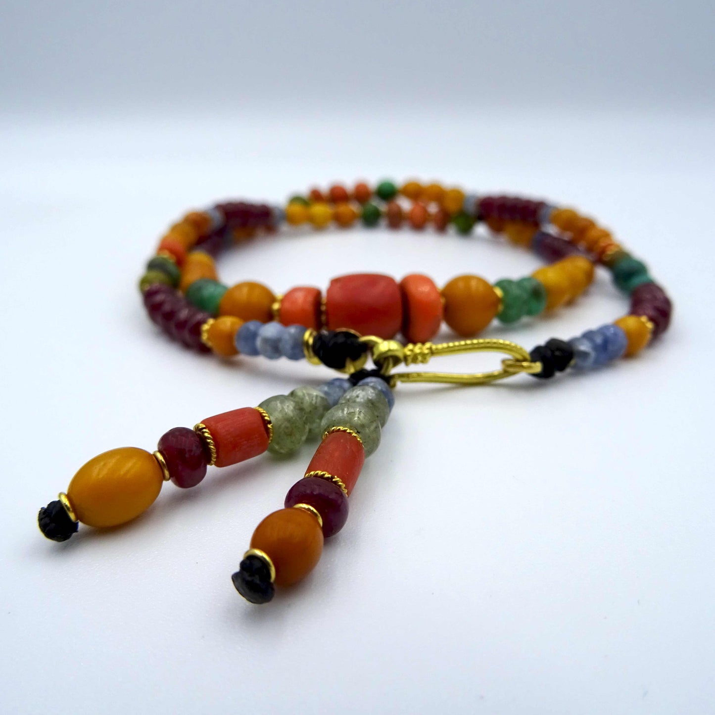 Antique Beads Necklace with Amber, Ruby, Emerald, Sapphire, and 18k/22k Gold Accents