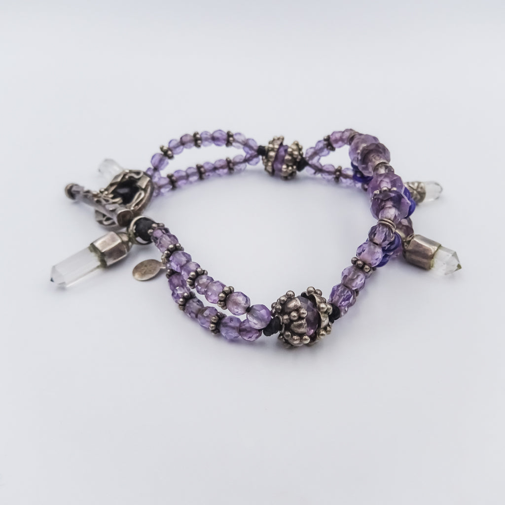 Amethyst & Crystal Drop Triple-Strand Bracelet – Sterling Silver