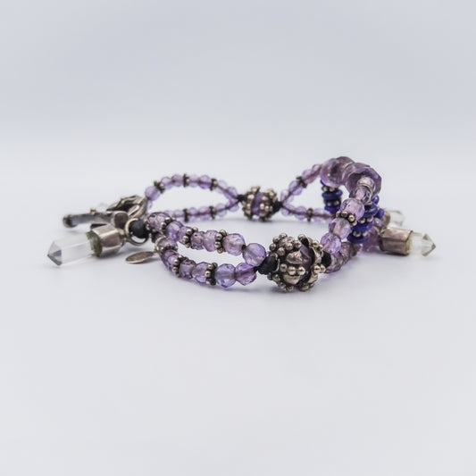 Amethyst & Crystal Drop Triple-Strand Bracelet – Sterling Silver