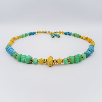 Beaded necklace, gold filled spacing,chrysophras,amber,rutilated quartz and turquoise