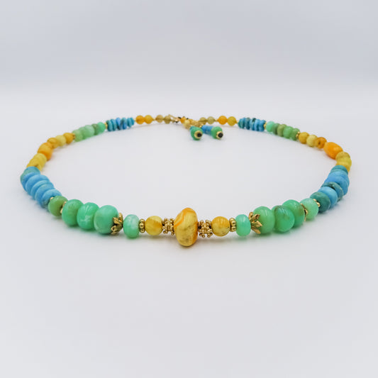 Beaded necklace, gold filled spacing,chrysophras,amber,rutilated quartz and turquoise