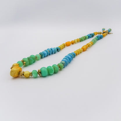 Beaded necklace, gold filled spacing,chrysophras,amber,rutilated quartz and turquoise