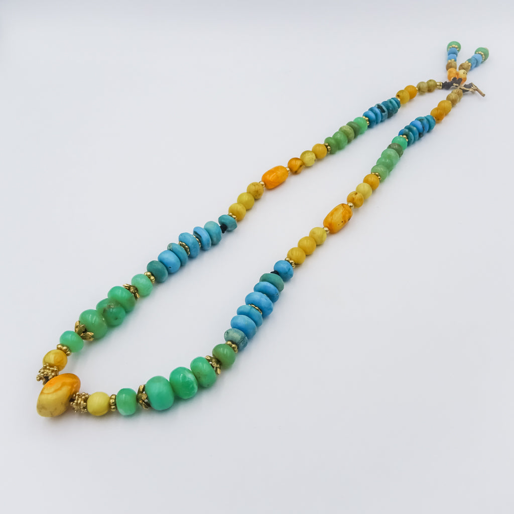 Beaded necklace, gold filled spacing,chrysophras,amber,rutilated quartz and turquoise