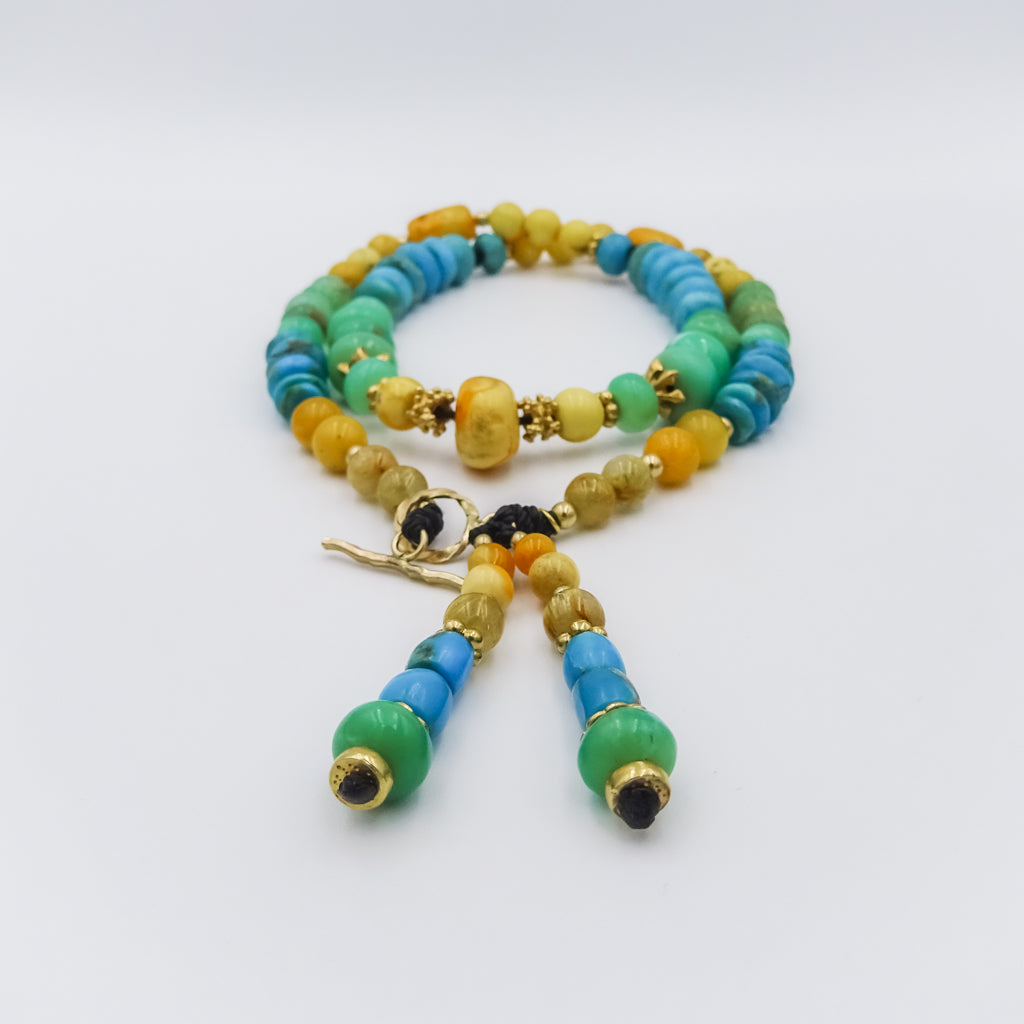 Beaded necklace, gold filled spacing,chrysophras,amber,rutilated quartz and turquoise