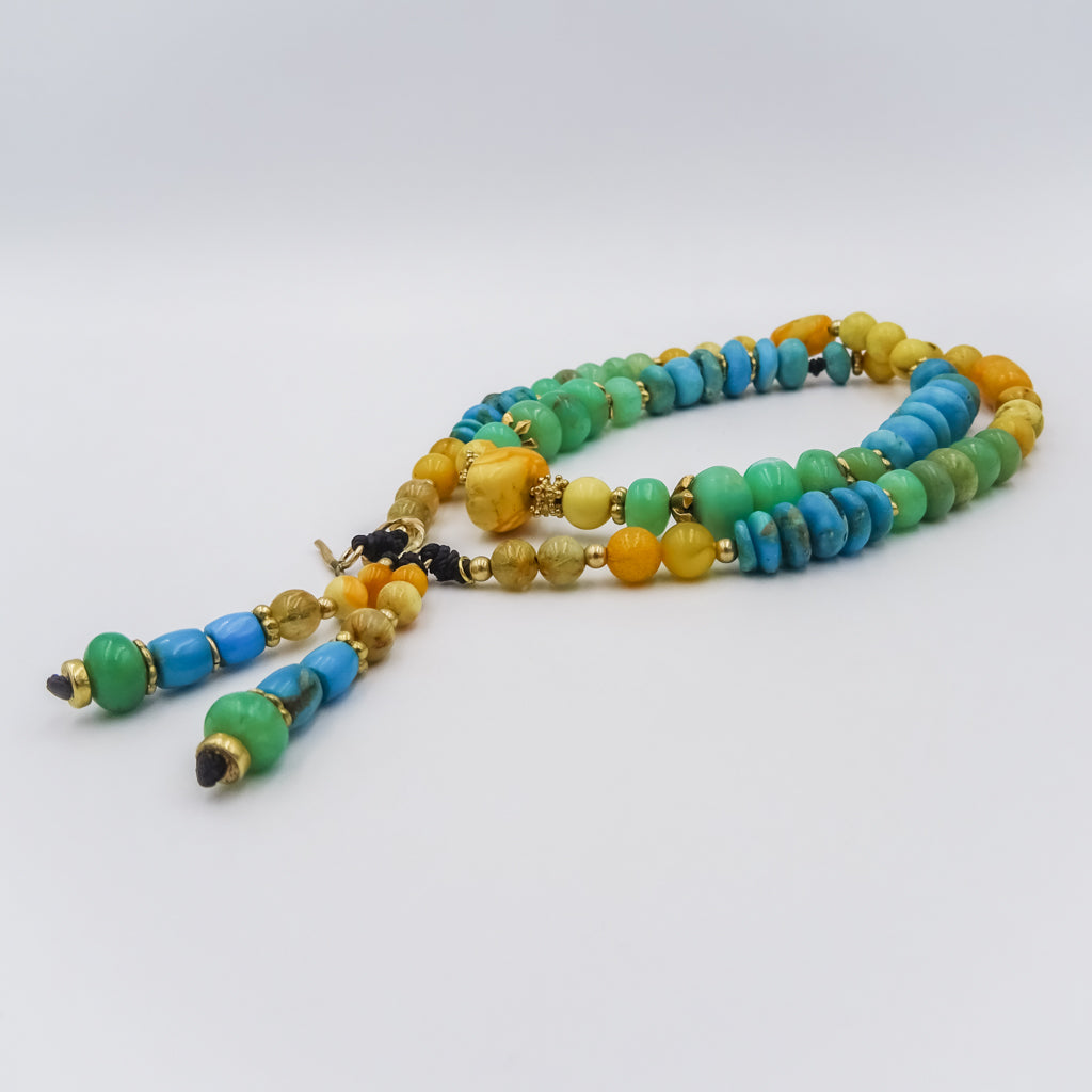 Beaded necklace, gold filled spacing,chrysophras,amber,rutilated quartz and turquoise