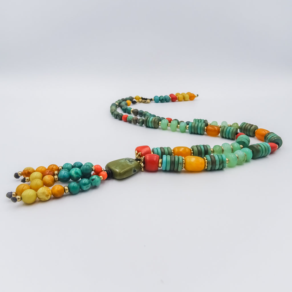 Beaded necklace gold filled spacers, tassel with turquoise, amber, chrysoprase and red coral