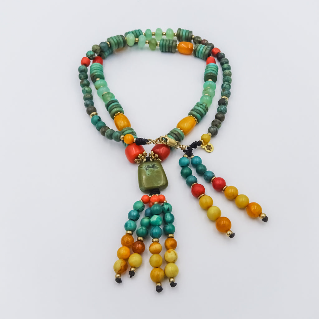 Beaded necklace gold filled spacers, tassel with turquoise, amber, chrysoprase and red coral