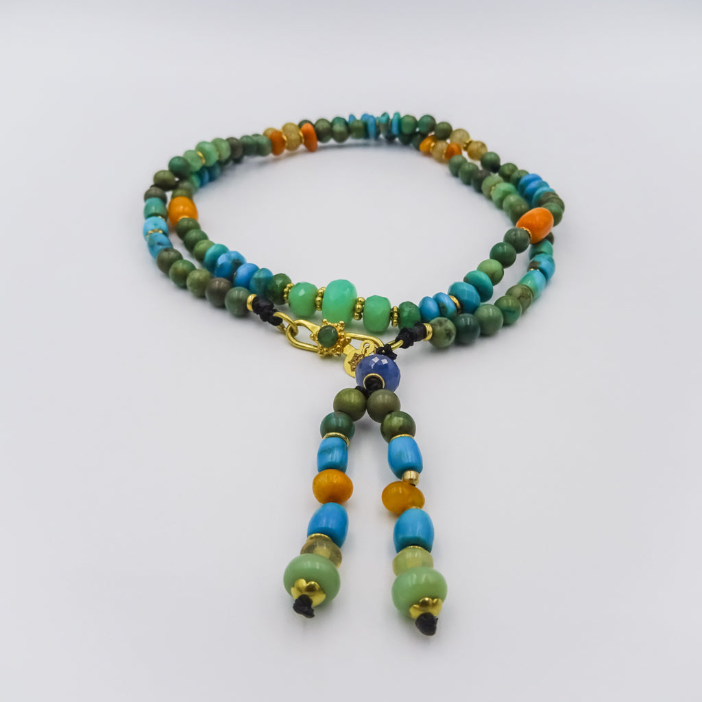 beaded necklace with 18k gold spacers,Chrisophrase,turquise,embar,rutile,sapphire and emerald