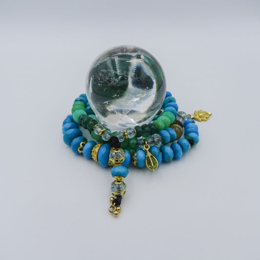 beaded necklace with 18k gold spacing,arizonian turquise,chrisophras,aqua marine,peruvian opal