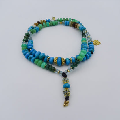 beaded necklace with 18k gold spacing,arizonian turquise,chrisophras,aqua marine,peruvian opal