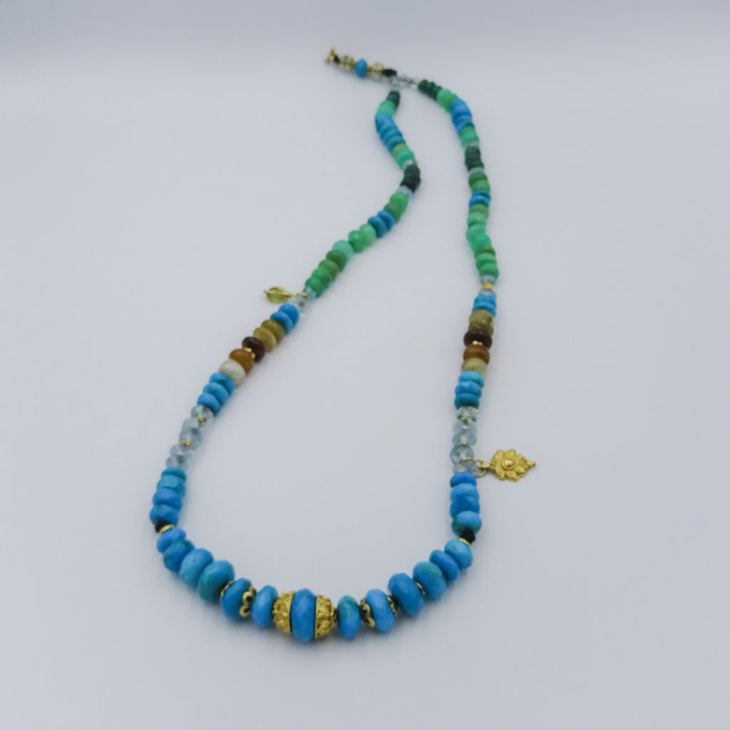 beaded necklace with 18k gold spacing,arizonian turquise,chrisophras,aqua marine,peruvian opal