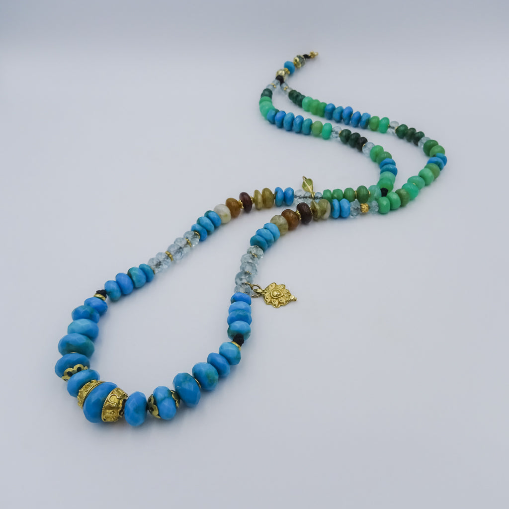 beaded necklace with 18k gold spacing,arizonian turquise,chrisophras,aqua marine,peruvian opal
