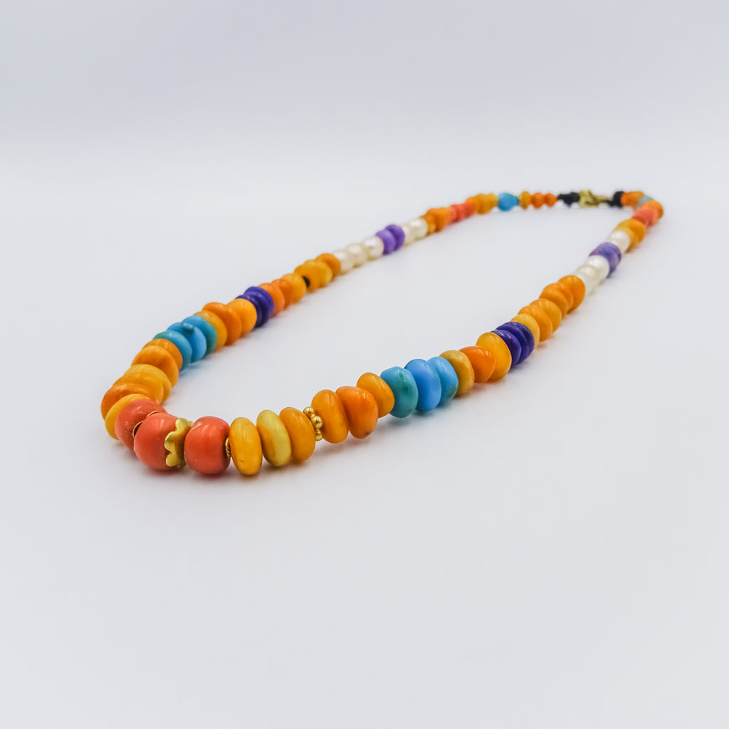 Kids beaded necklace with 18k gold spacing, coral, amber, turquoise, sugilite and pearls