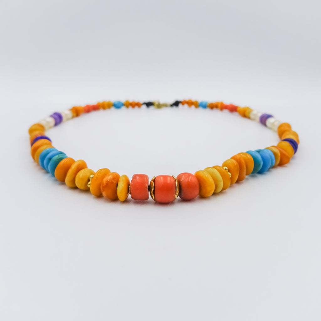 Kids beaded necklace with 18k gold spacing, coral, amber, turquoise, sugilite and pearls