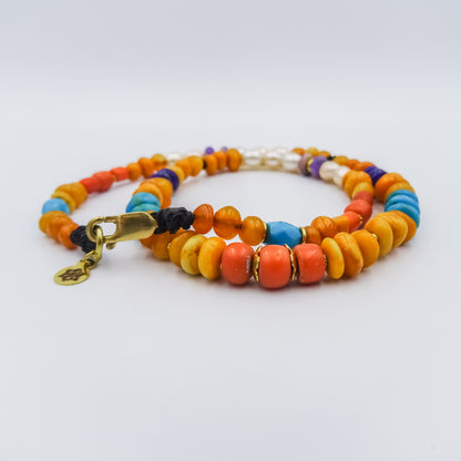 Kids beaded necklace with 18k gold spacing, coral, amber, turquoise, sugilite and pearls