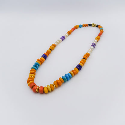 Kids beaded necklace with 18k gold spacing, coral, amber, turquoise, sugilite and pearls