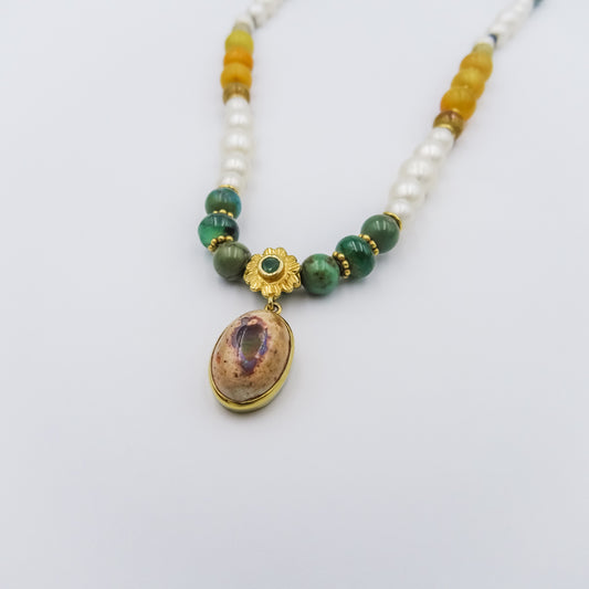 Mala necklace with gemstones and Gold beads, Mexican opal pendant,amber,turqouise,emerald,lemon topaz and white pearls